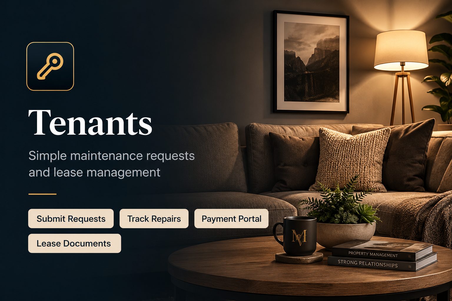 Tenants: Simple maintenance requests and lease management. Submit Requests, Track Repairs, Payment Portal, Lease Documents